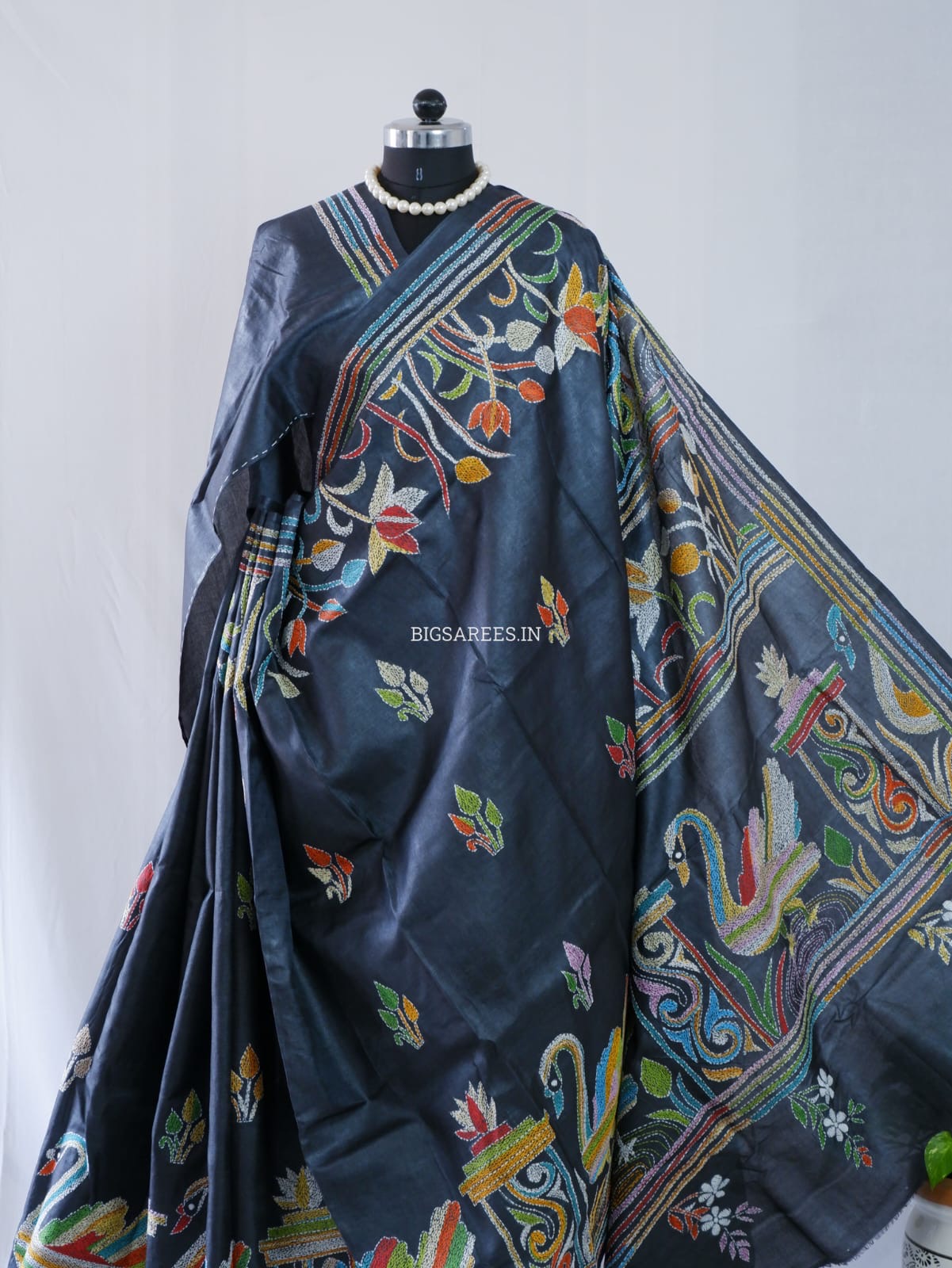 Kantha Hand Embroidered Pure Tussar Silk Saree