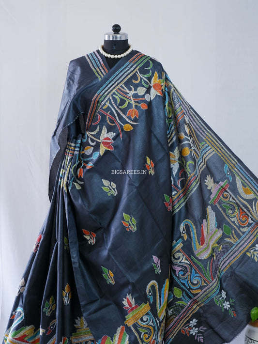 Kantha Hand Embroidered Pure Tussar Silk Saree