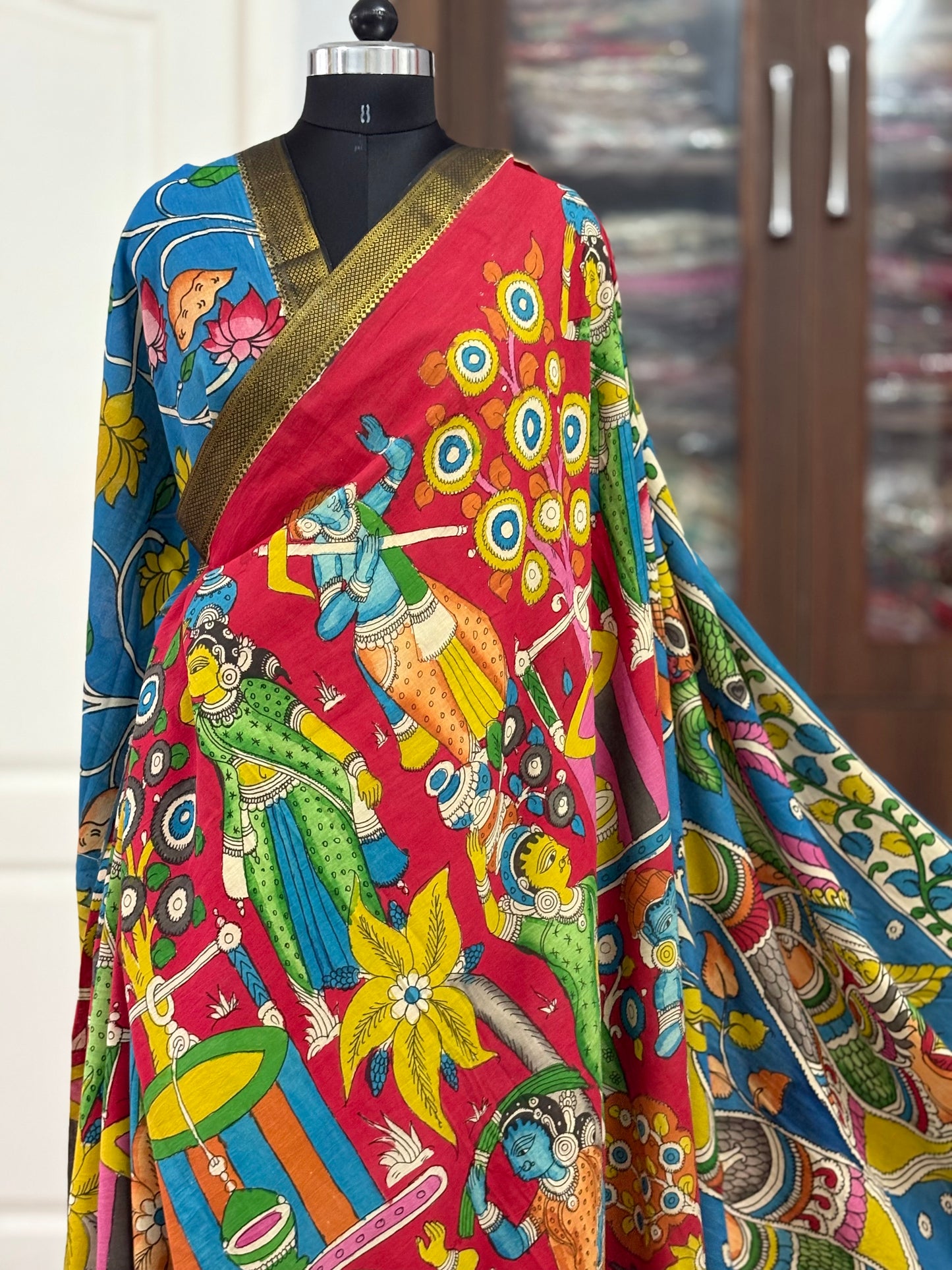 Pen Kalamkari hand painted pure cotton Saree with blouse