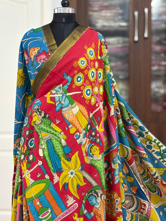 Pen Kalamkari hand painted pure cotton Saree with blouse