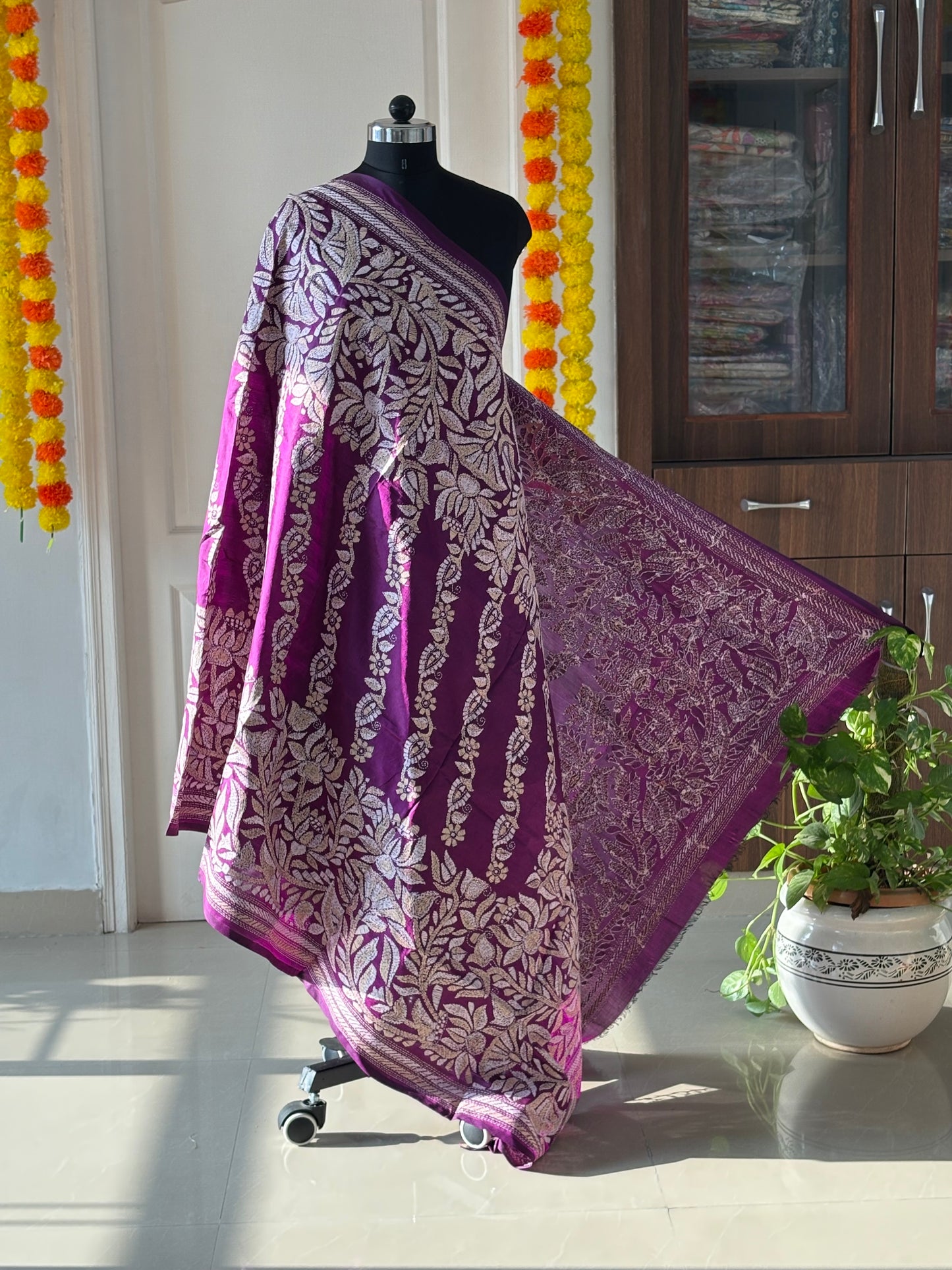 Kantha Hand Embroidary Full Work Pure Banglore Silk Dupatta. (With Silk Mark)