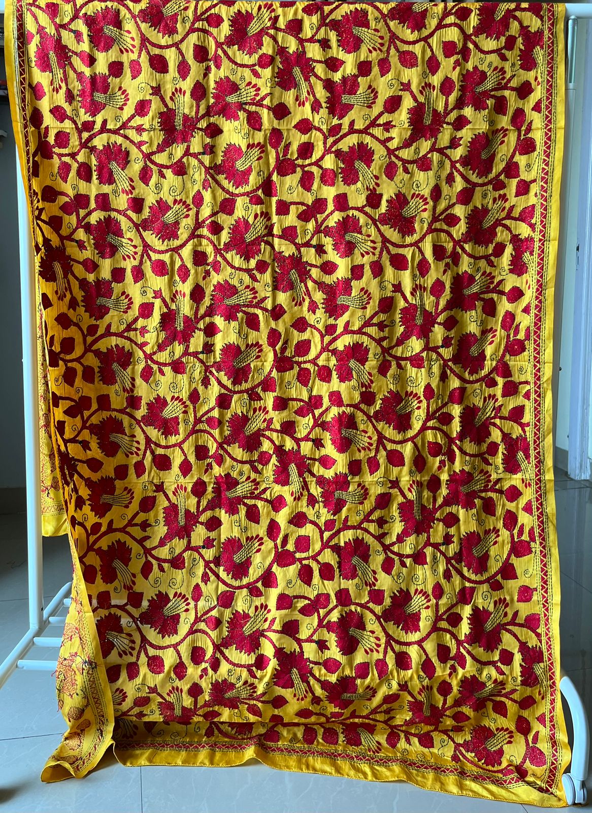 Yellow Kantha Stitch Hand Embroidary Full Work Blended Banglore Silk Dupatta 44″