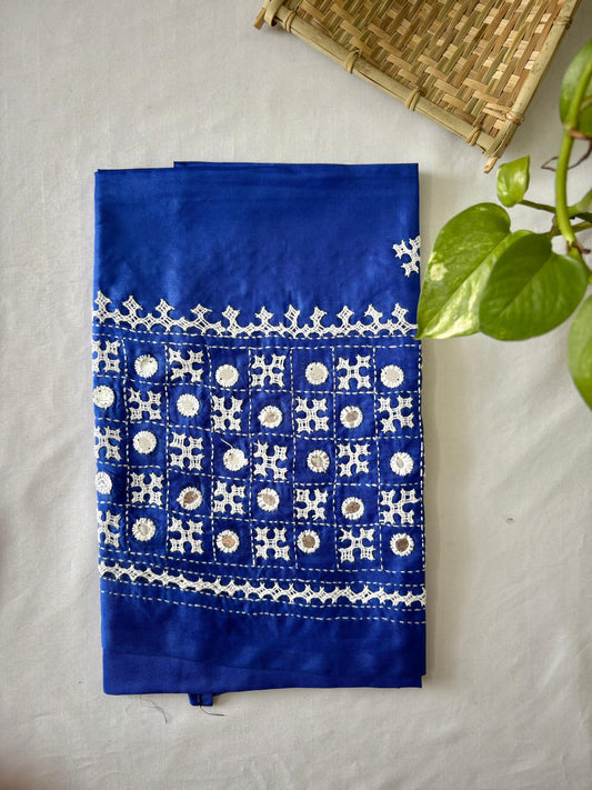 Blue Gujrati work blouse pieces in art silk 1 mtr