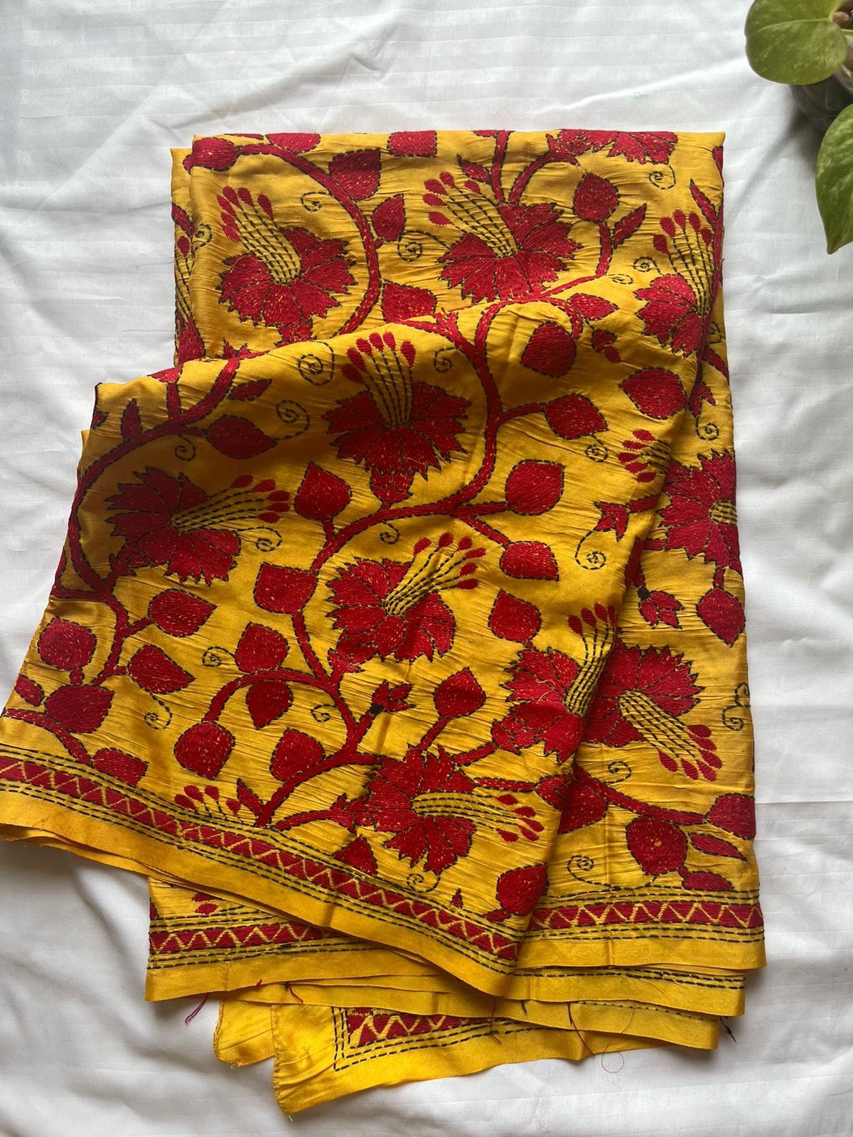 Yellow Kantha Stitch Hand Embroidary Full Work Blended Banglore Silk Dupatta 44″