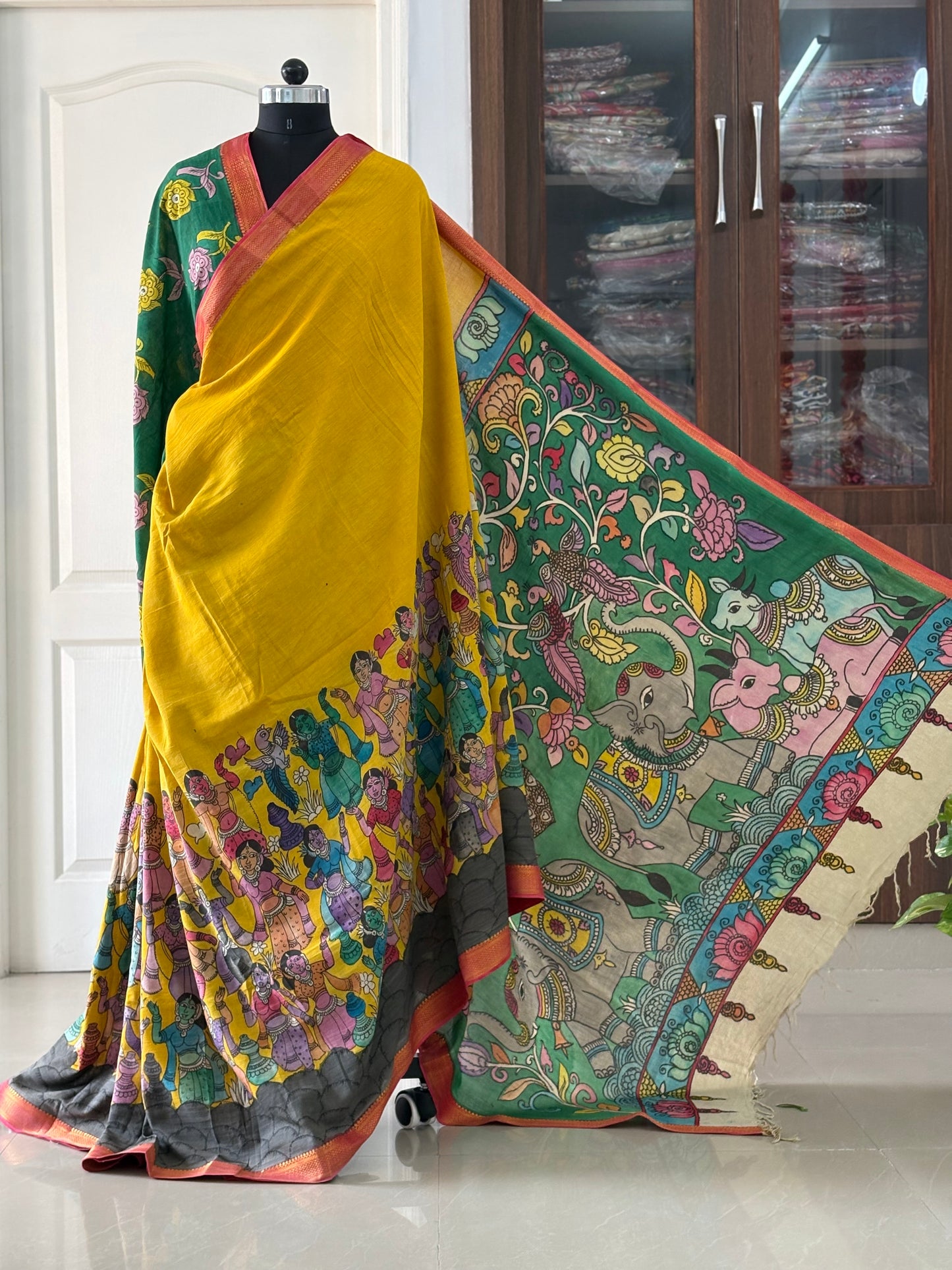 Pen Kalamkari hand painted pure cotton Saree with blouse