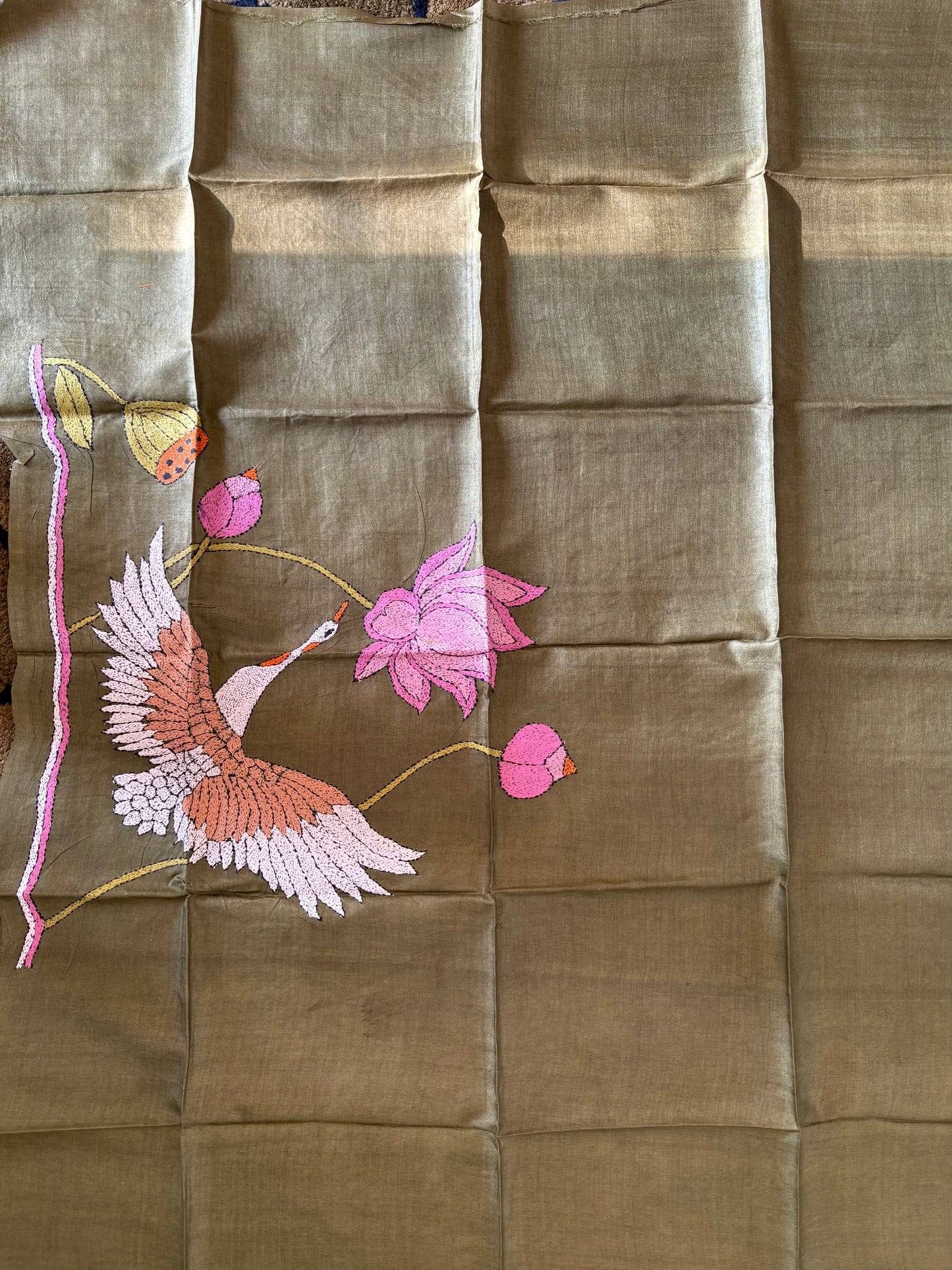 Kantha Stitch Pure Tassar Silk Blouse Piece - olive green