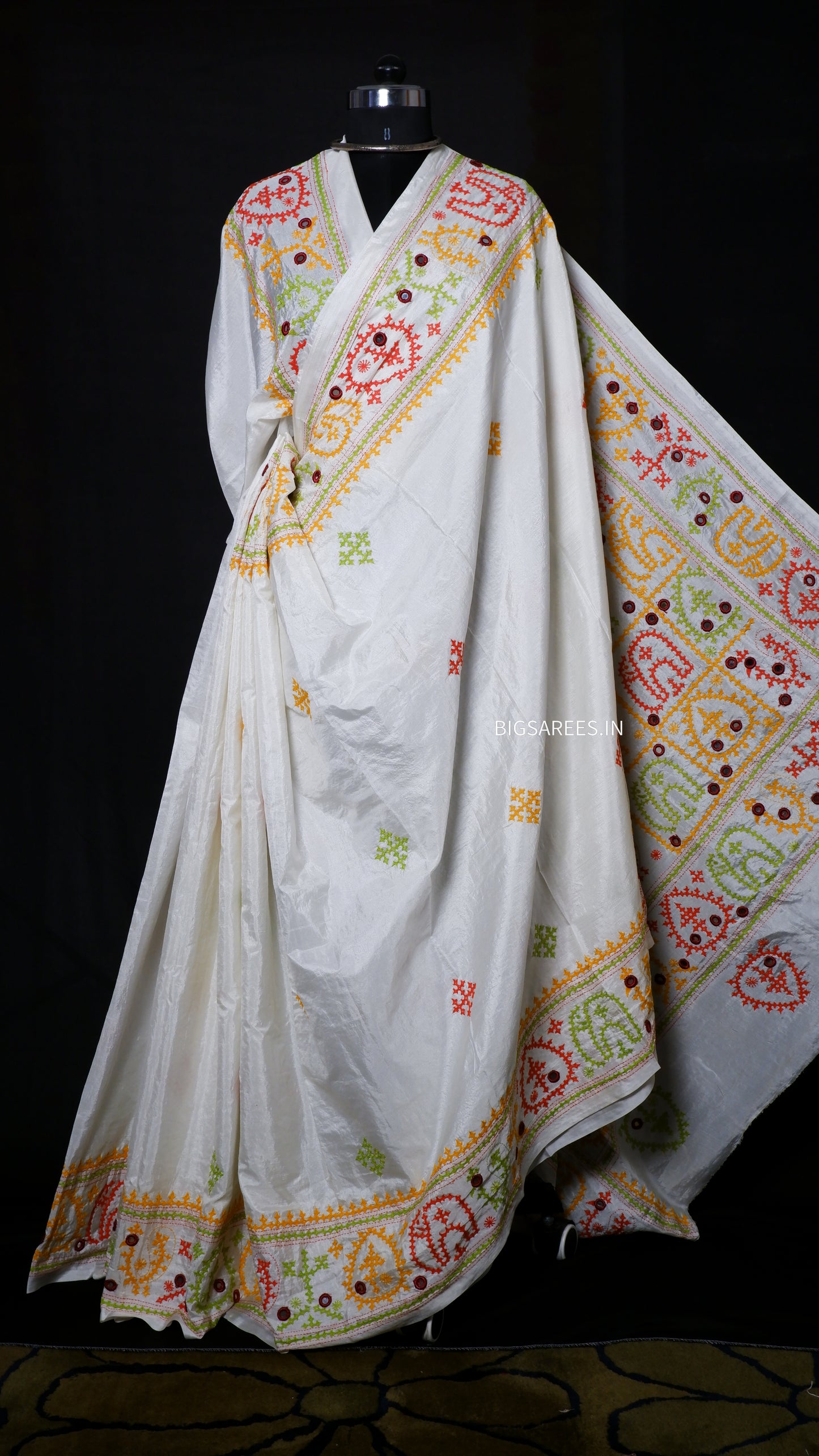 Heavy real mirror work Gujrati Stitch/Kutchi Bharat/Sindhi Hand Embroidered Art Silk Saree with blouse - off white