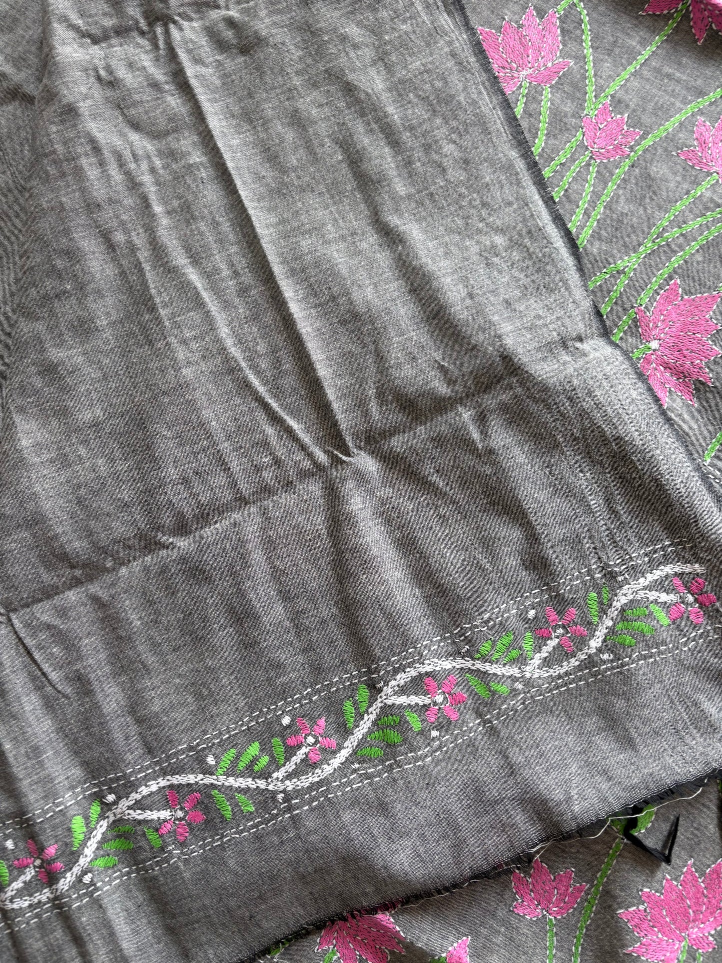 Kantha stitch Khadi Cotton Saree - Grey