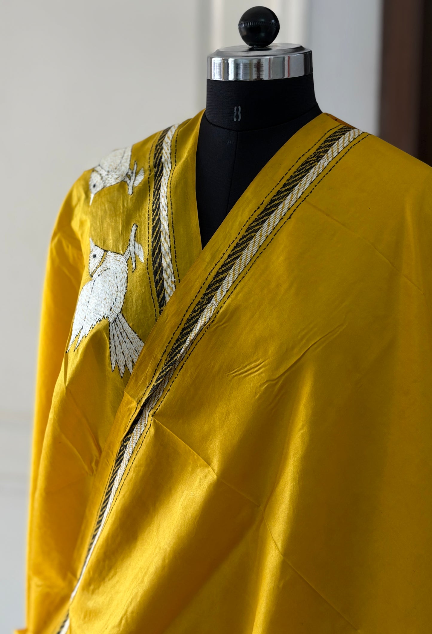Kantha Stitch Hand Embroidered Pure Banglore Silk Saree (Silk Marked)