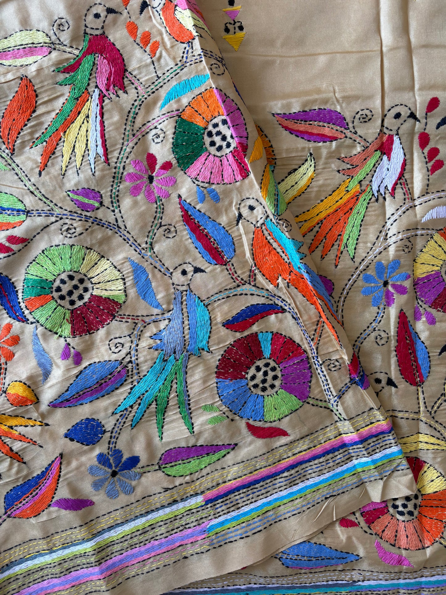 Kantha - Stitch Hand Embroidered Saree| Blended Bangalore Silk / Art Silk | Beige