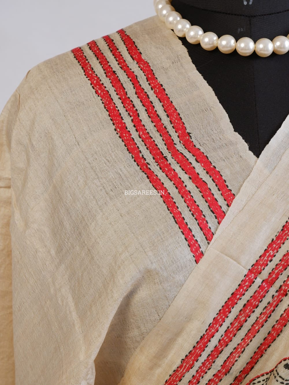 Kantha Stitch Hand Embroidered Saree | Pure Gachi Tussar Silk | Silk Mark Certified | Beige