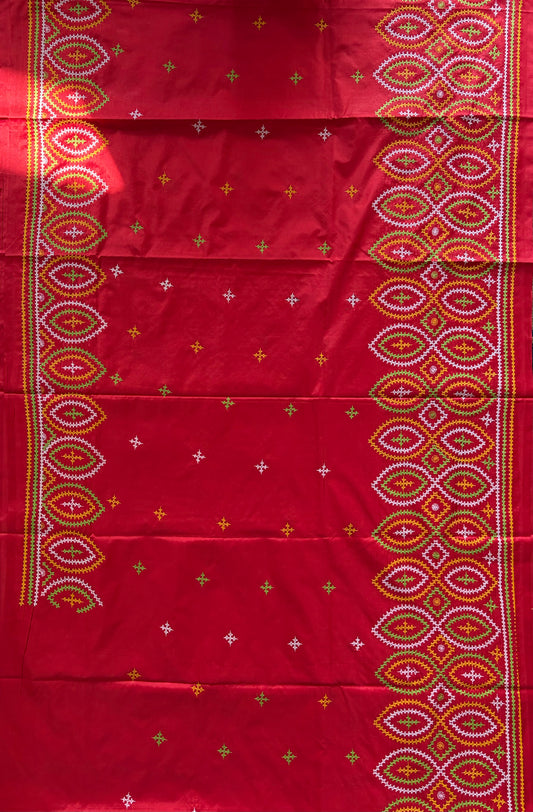 Kutchi/Gujarati Hand Embroidered Saree  | Blended Bangalore Silk / Art Silk | Red