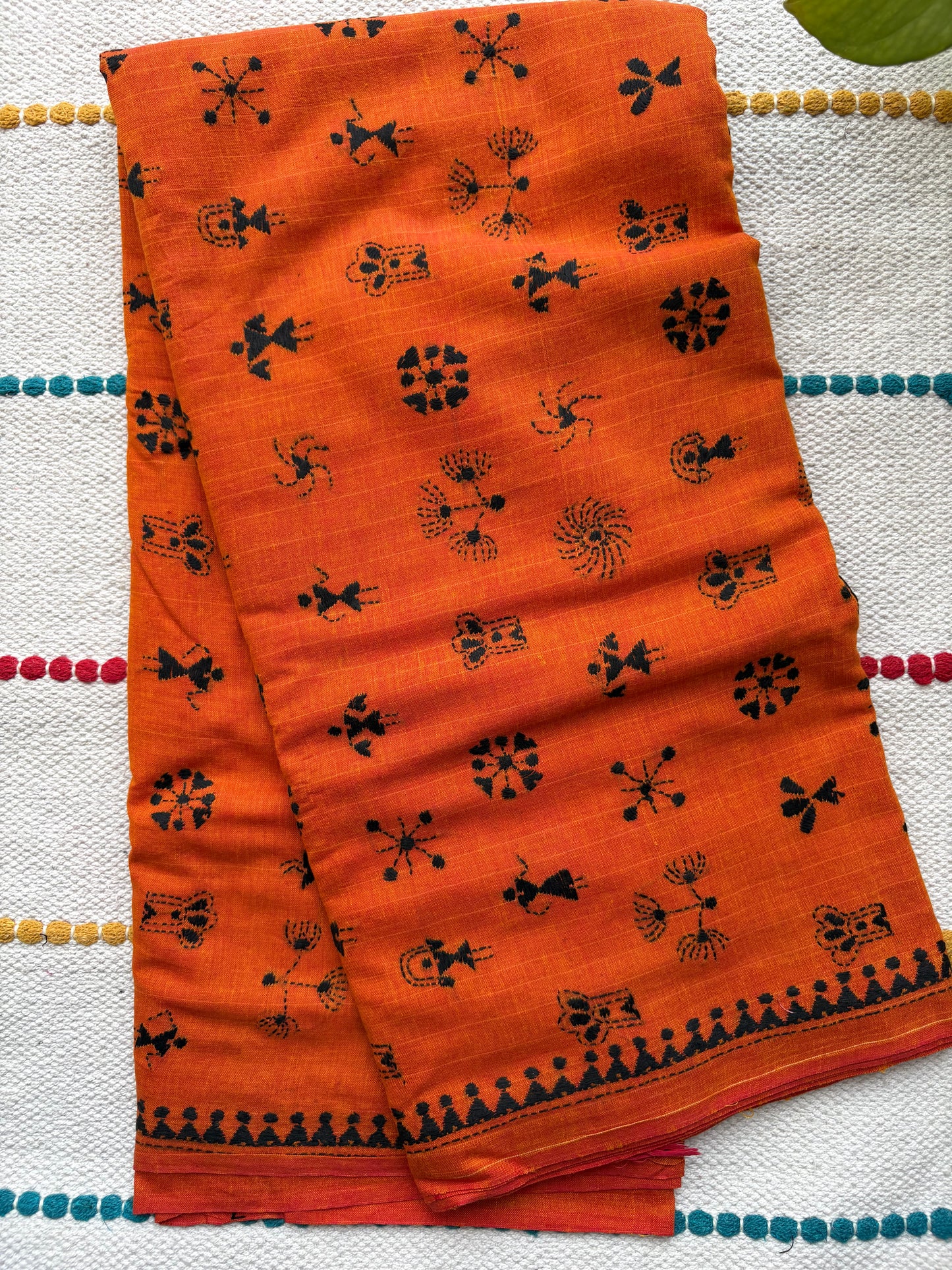 Kantha Hand-Embroidered Saree | Pure Khadi Cotton | Orange