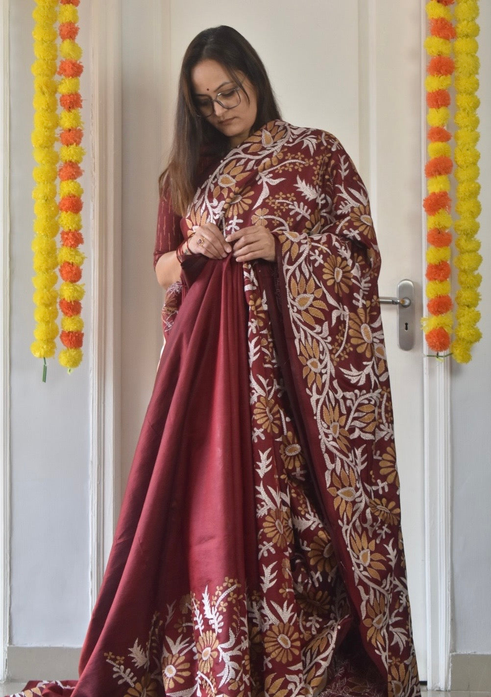 Kantha - Stitch Hand Embroidered Saree | Pure Bangalore Silk | Maroon