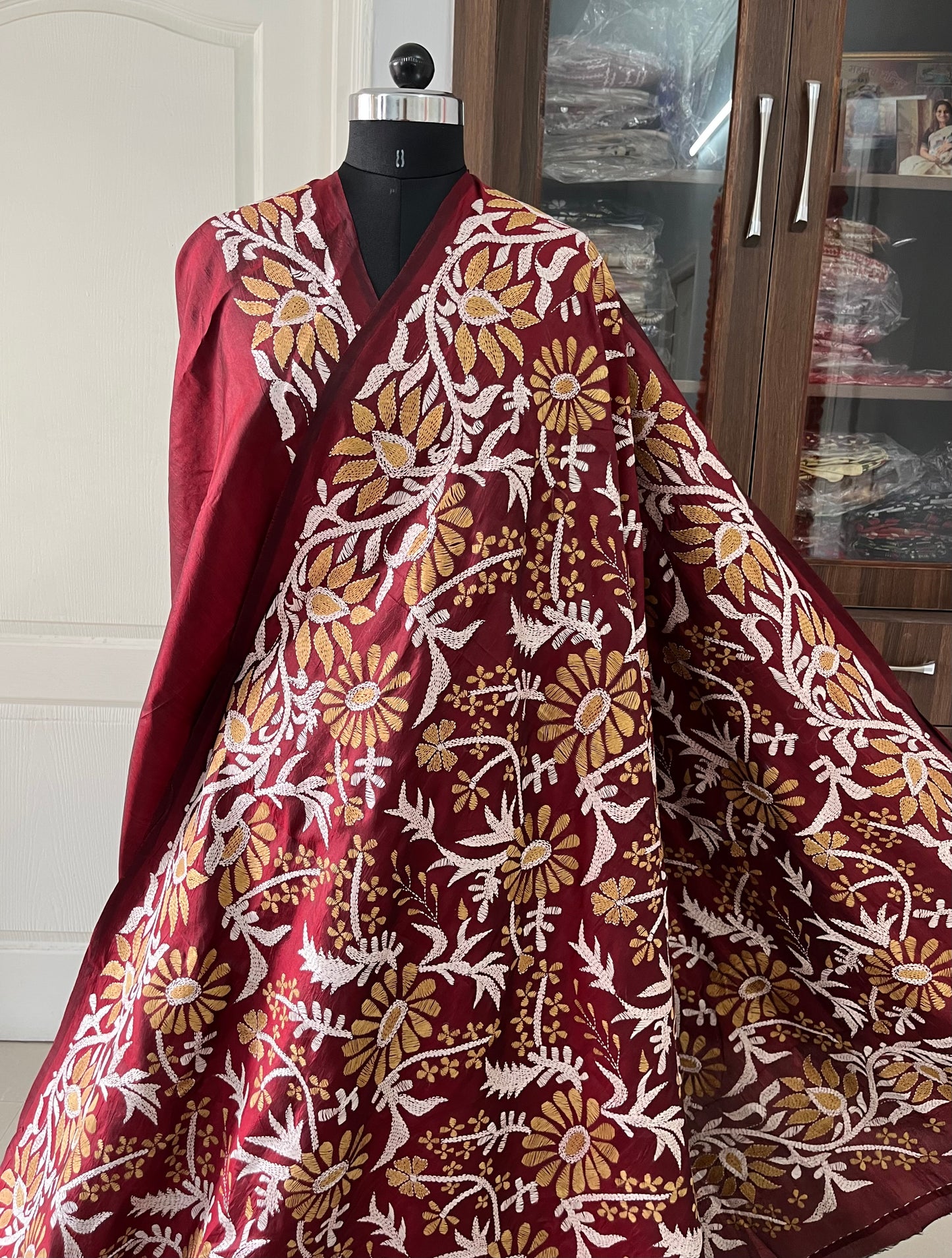 Maroon Kantha Stitch Hand Embroidered Pure Banglore Silk Saree