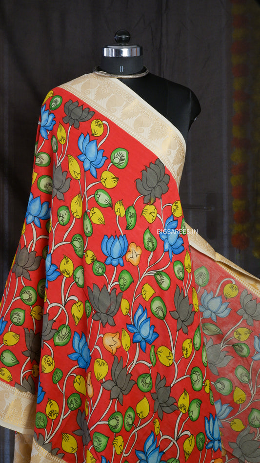 Pen Kalamkari hand painted Banglore Silk Dupatta