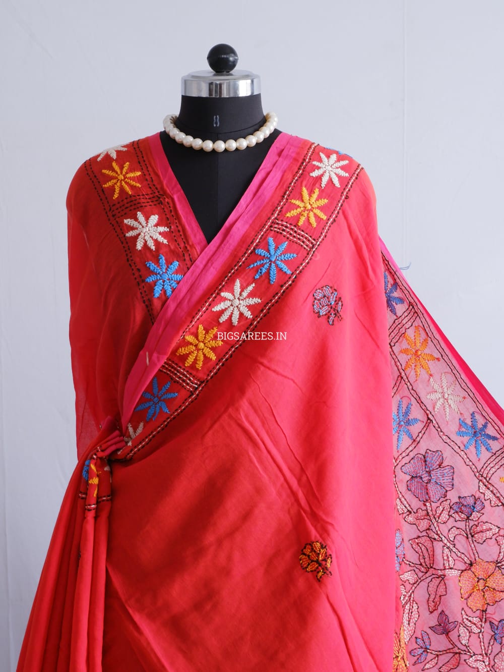 Kantha stitch Hand Embroidered Pure mul Cotton Saree