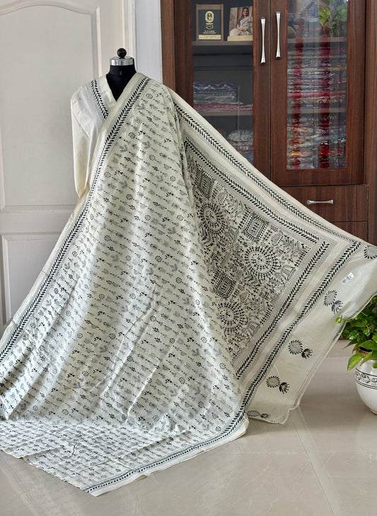 Off White Kantha Hand Embroidered Pure Tussar Silk Saree