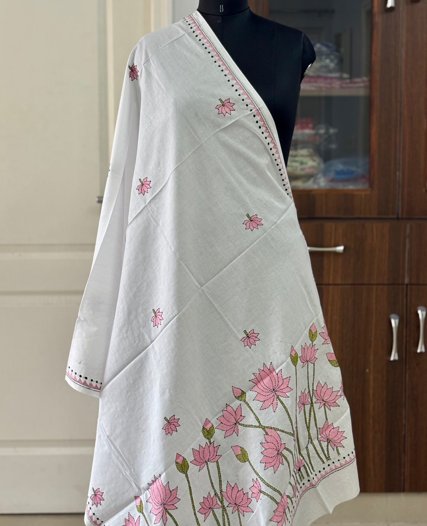Kantha Hand Embroidary Full Work Pure Cotton Dupatta- white “36”