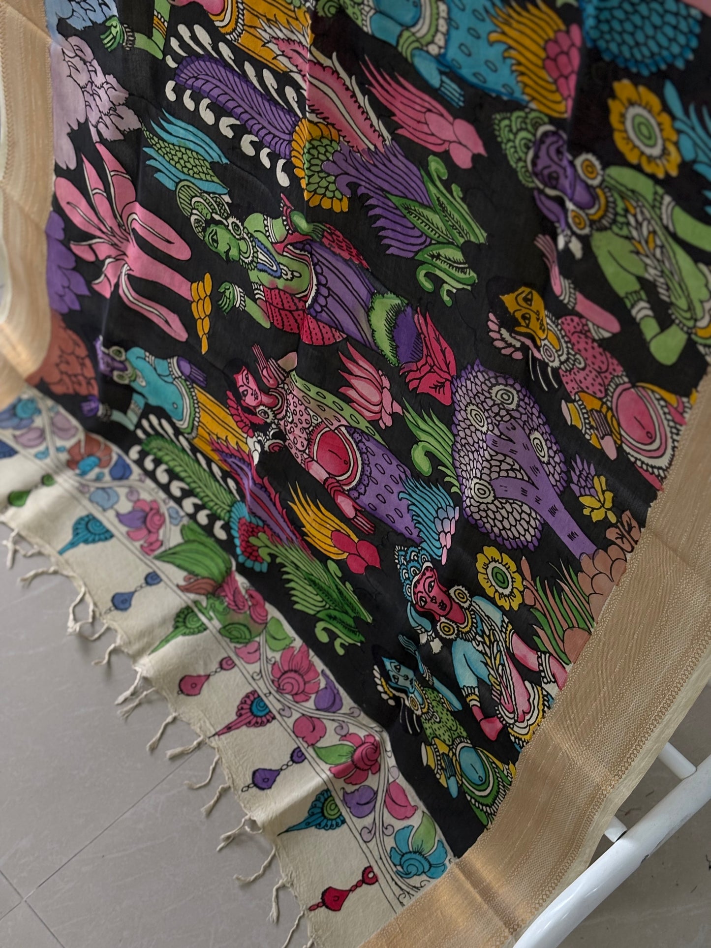 Pen Kalamkari hand painted Banglore Silk Dupatta
