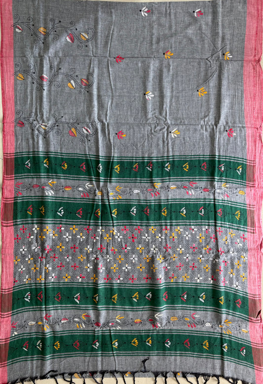 Kantha Hand Embroidered Pure Cotton Saree – Off White