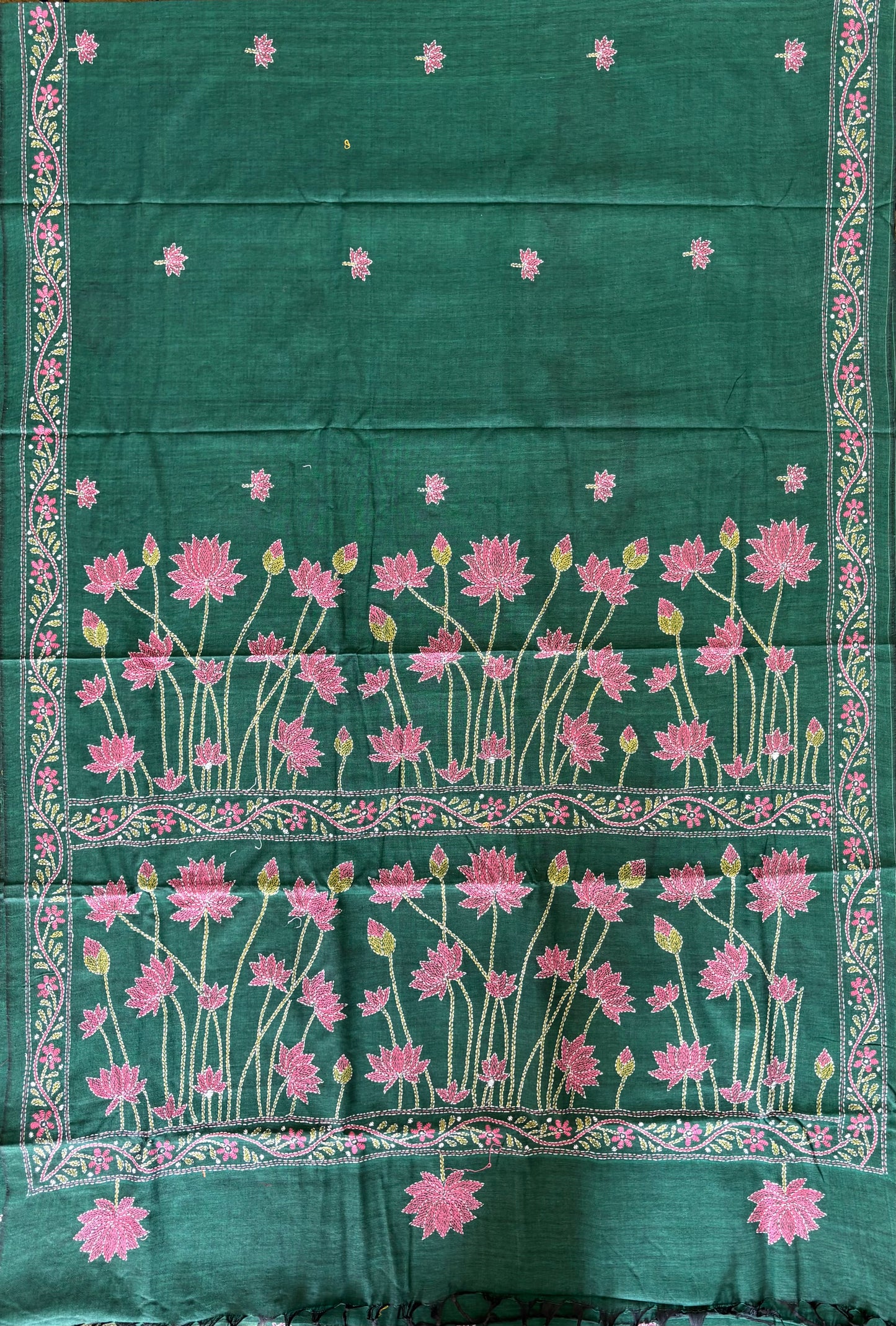 Kantha stitch Khadi Cotton Saree - Green