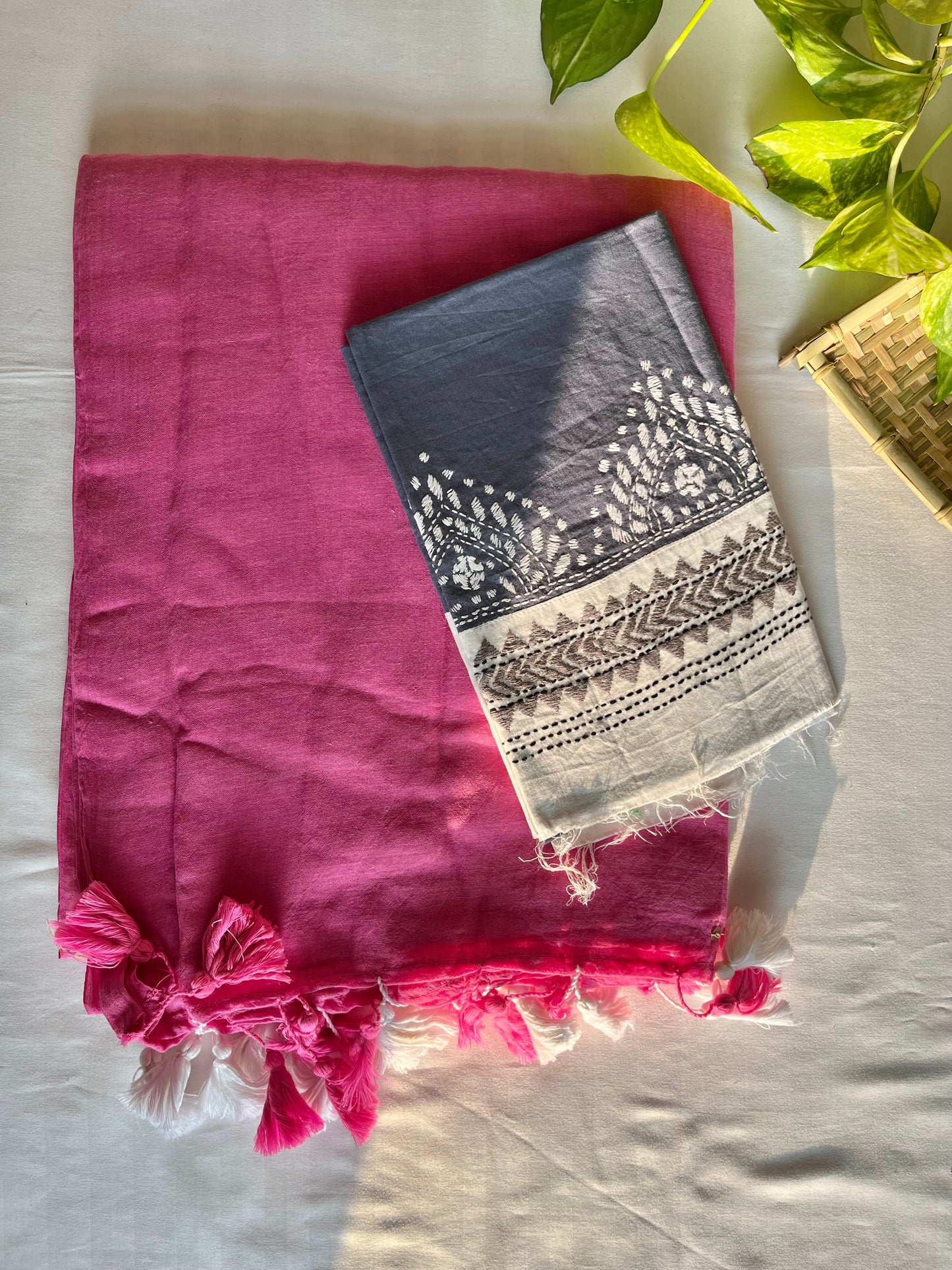 Pink Mul Cotton Saree with Kantha blouse piece.