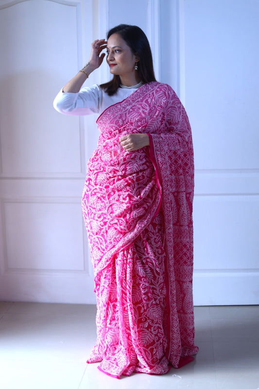 Rani Pink Georgette Chikankari Work Hand Embroidered Saree