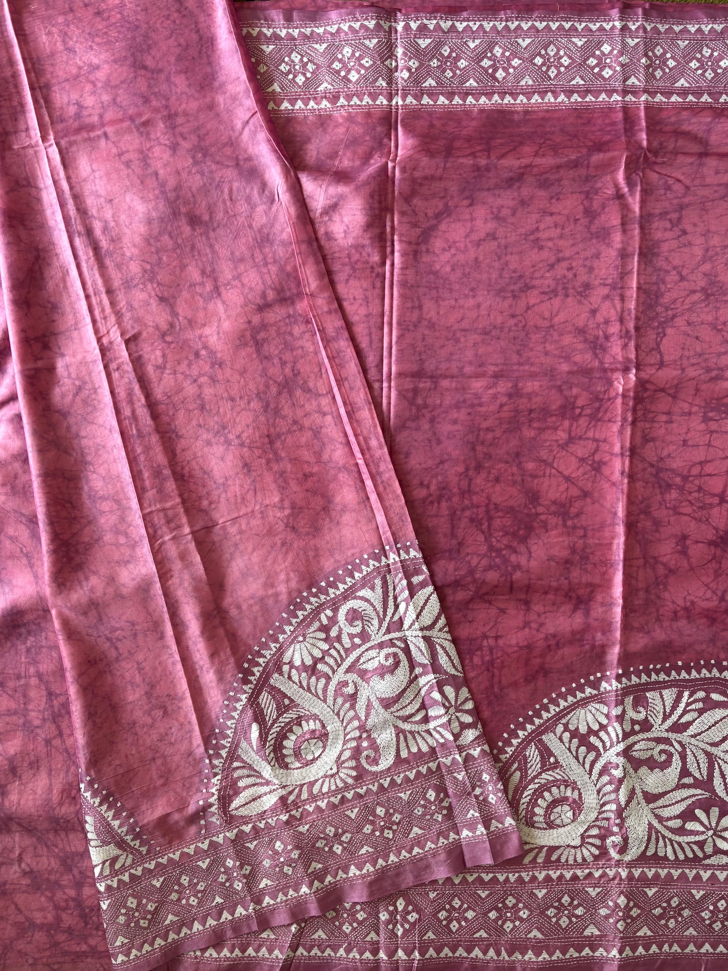 Kantha - Stitch Hand Embroidered Saree| Blended Bangalore Silk / Art Silk