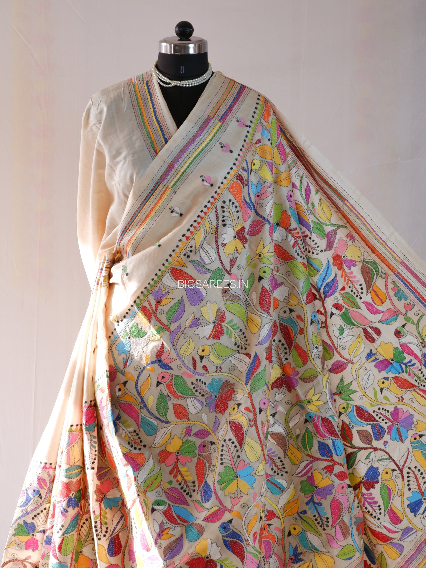 Kantha Stitch Hand Embroidered Saree | Pure Tussar Silk | Silk Mark Certified | Light Beige