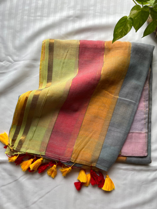 Mul Cotton Check Stripes Golden Lining Saree