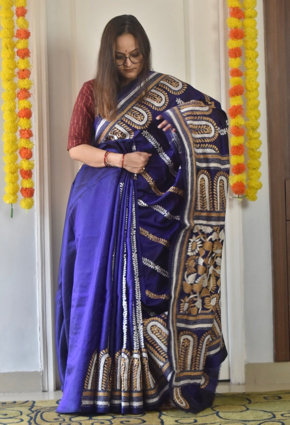 Kantha Stitch Hand Embroidered Pure Banglore Silk Saree