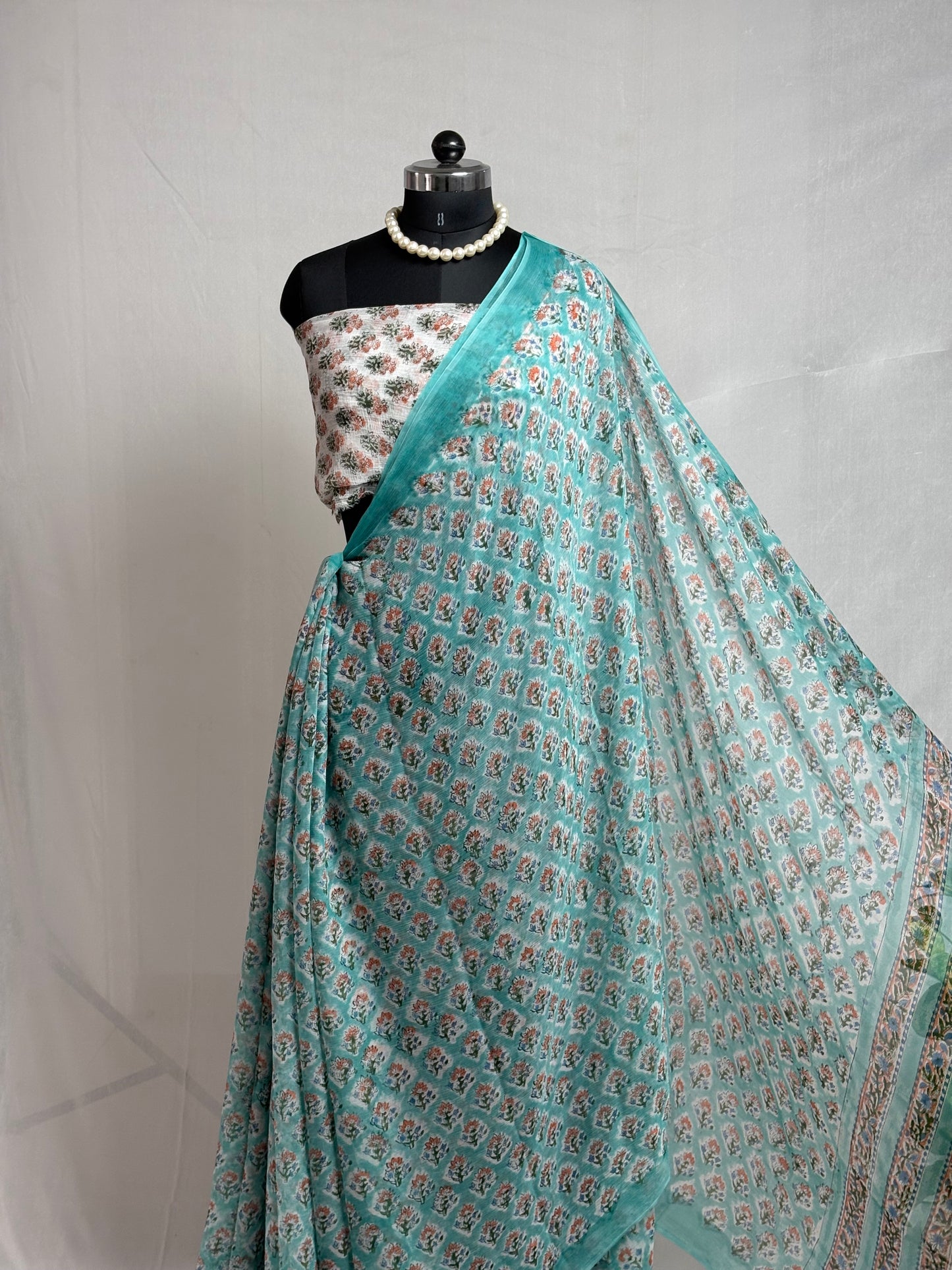 Hand Block Print Saree | Pure Chiffon | Sea Green