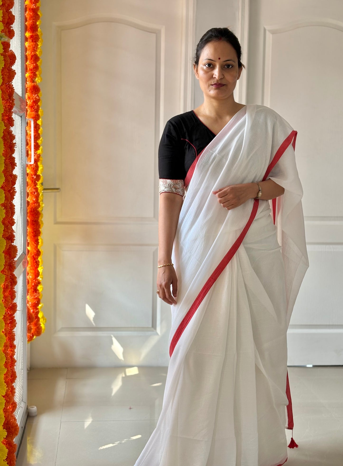 White Plain Mul Cotton Saree 1 - with blouse piece