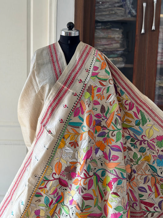 Kantha Stitch Hand Embroidered Pure Gachi Tussar Silk Saree (Silk marked)