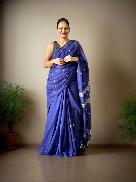 Handloom marked pure Mul Cotton Saree - Navy Blue