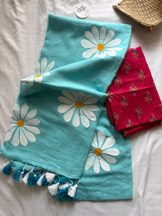 Hand Painted Mul Cotton Saree with Blouse | Sky Blue