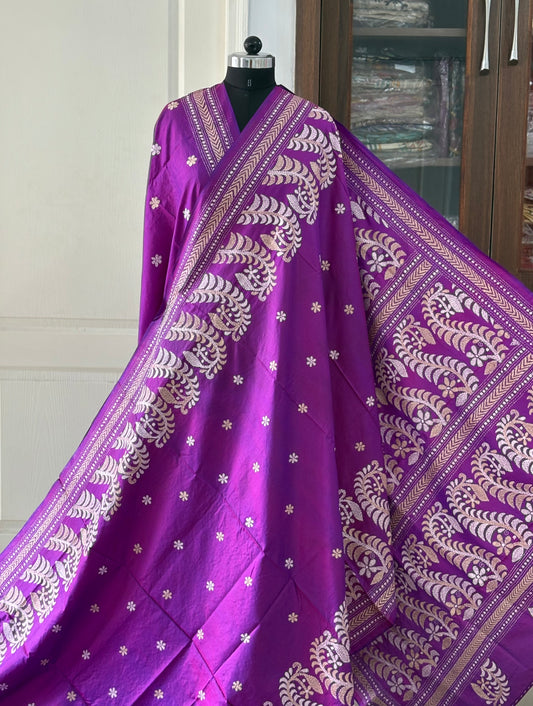 Purple Kantha Stitch Hand Embroidered Pure Banglore Silk Saree