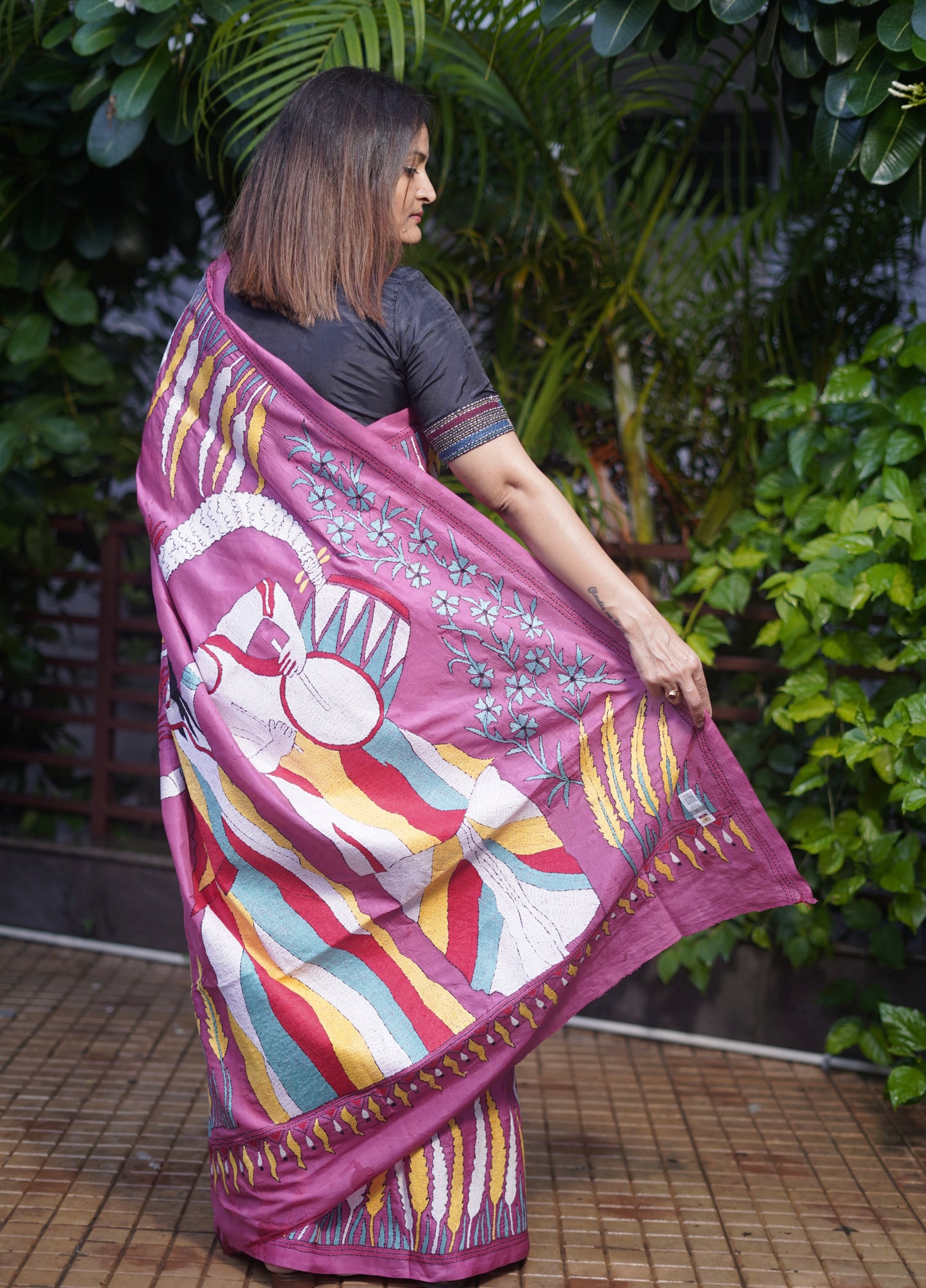 Pink Kantha Hand Embroidered Pure Banglore Silk Saree