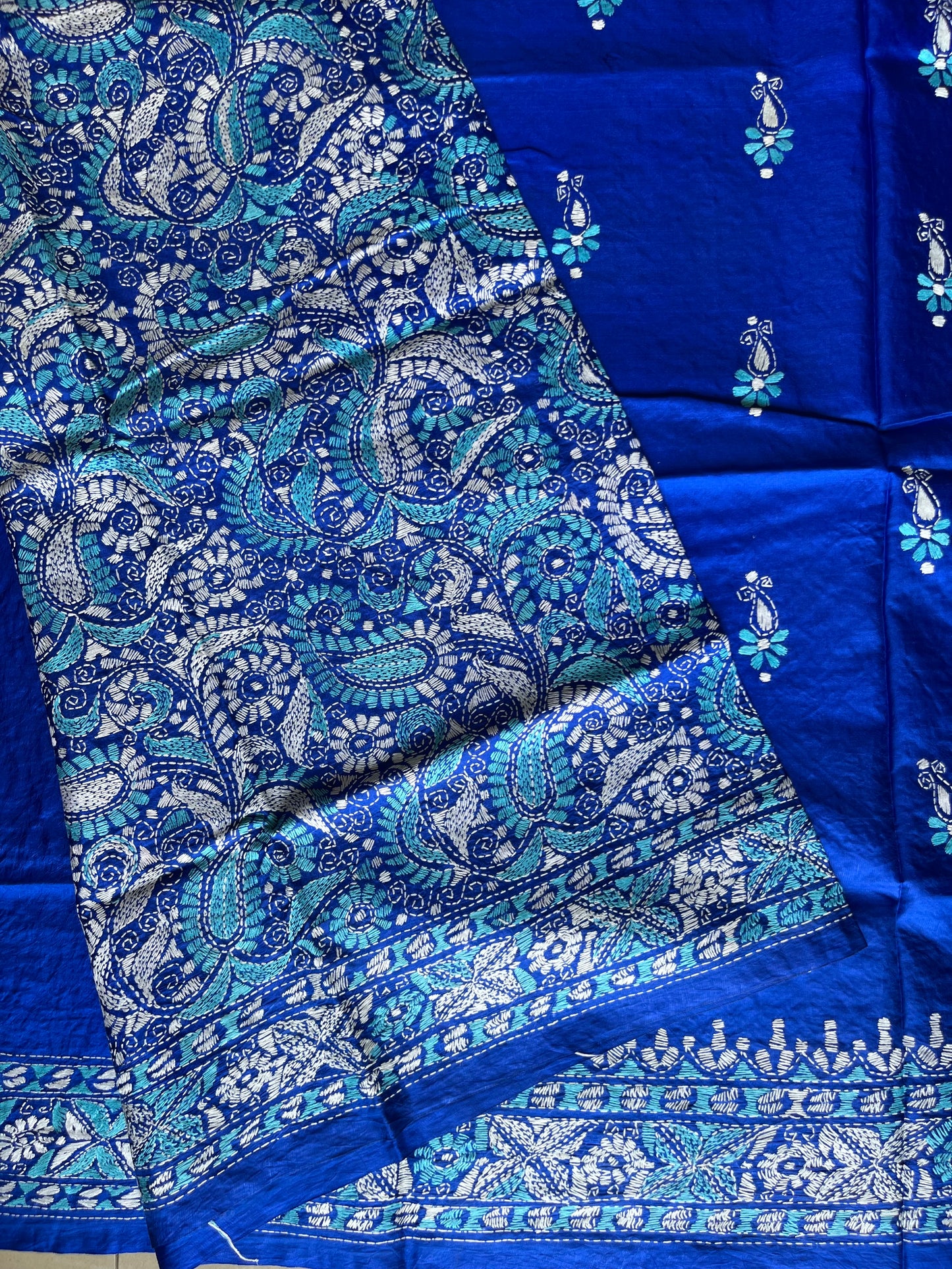 Royal Blue Kantha Hand Embroidered Pure Banglore Silk Saree