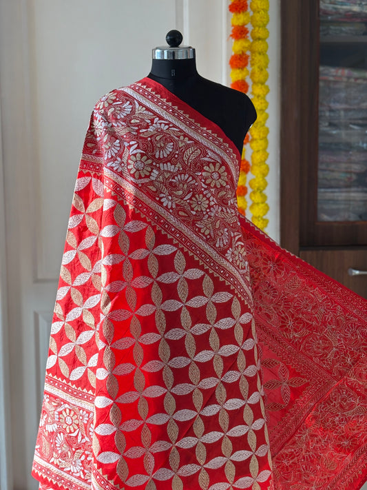 Kantha Stitch Hand Embroidary Full Work Pure Banglore Silk Dupatta