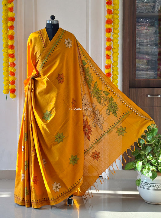 Kantha Hand Embroidered Pure Cotton Saree - Yellow