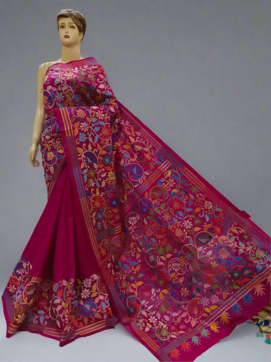 Kantha Stitch Hand Embroidered Pure Banglore Silk Batik Saree (Silk Marked)