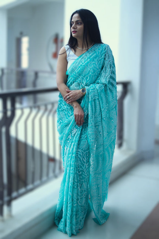 Blue Georgette Chikankari Work Hand Embroidered Saree