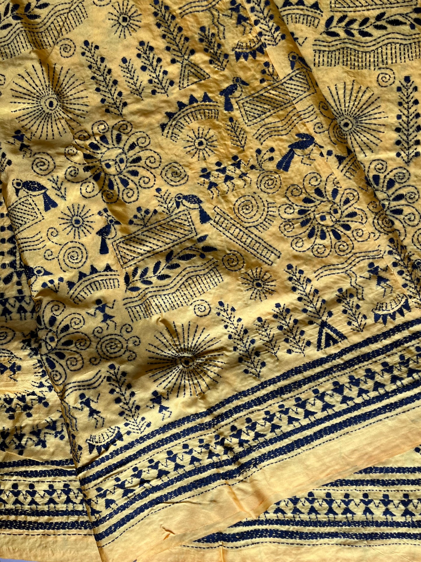 Yellow Kantha Hand Work Embroidered Art Silk Saree With Blouse