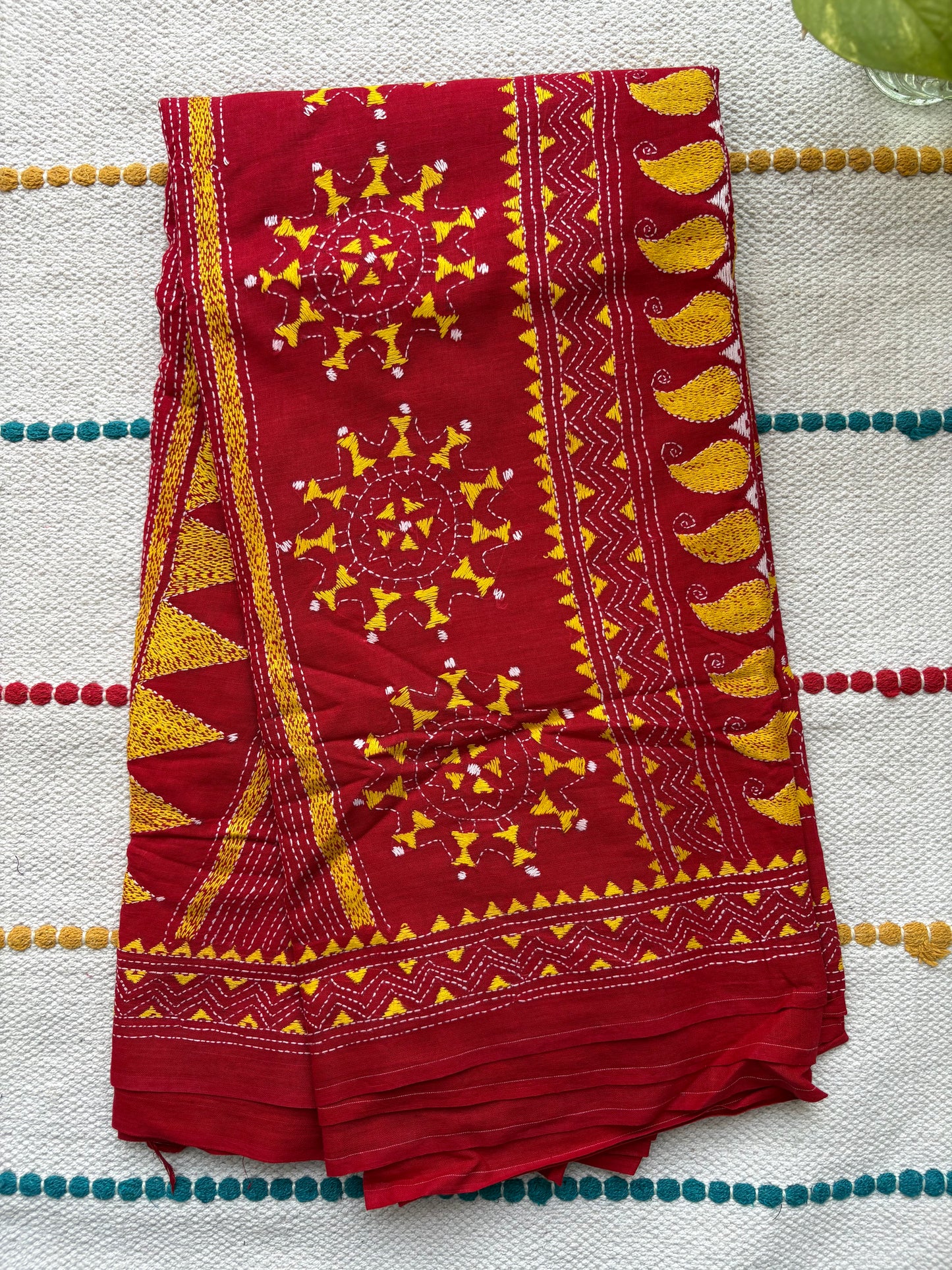 Kantha Hand-Embroidered Saree | Pure Khadi Cotton | Red