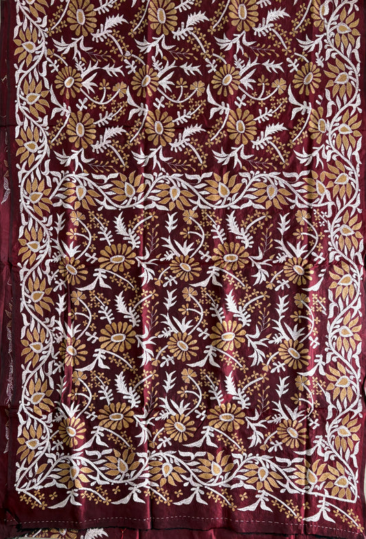 Maroon Kantha Stitch Hand Embroidered Pure Banglore Silk Saree