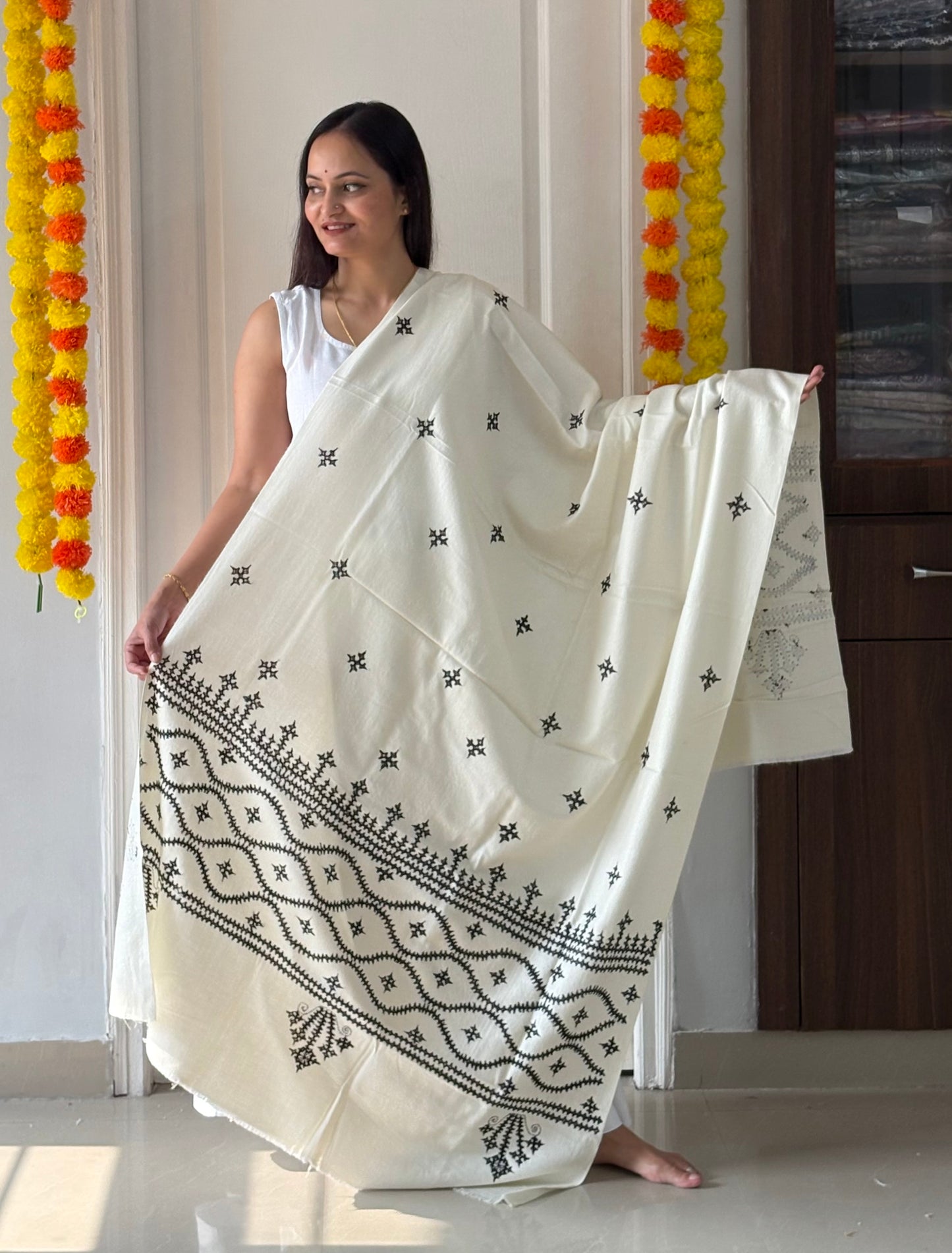 Gujrati Stitch Hand Embroidered Woollen Warm Shawl (off white)