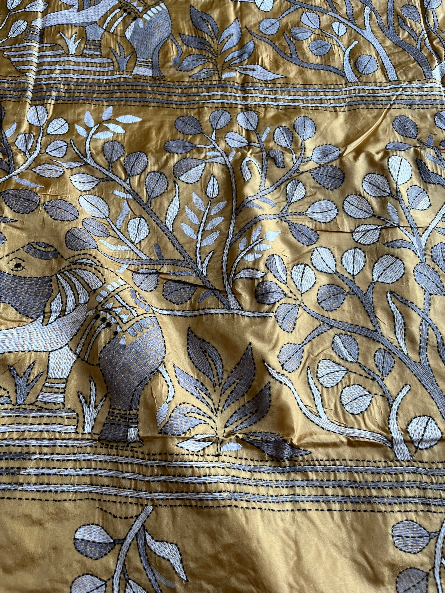 Beige Kantha Hand Work Embroidered Art Silk Saree With Blouse