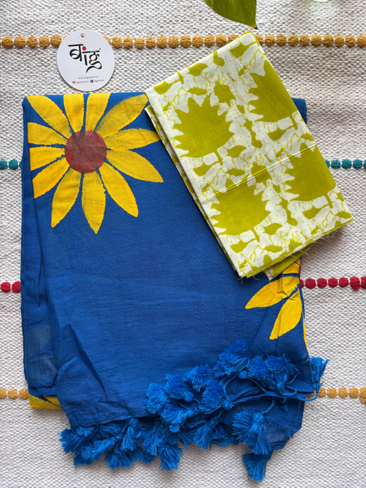 Hand Painted Mul Cotton Saree with Hand Block Printed Blouse | Blue